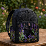 LD06 Gepolsterter Rucksack mit schwarzer Katze und Lavendel-Muster
