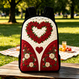 LD02 Romantischer Rucksack mit Rosen- und Herz-Quilt-Design und schwarzem Tragegurt