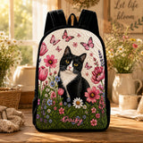 Personalisierter gesteppten Rucksack mit niedlicher schwarzer Katze und Gänseblümchen, schwarzer Tragegurt - LV05