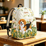 Personalisierter gesteppten Rucksack mit Beagle-Welpen und floralem Muster - TG45
