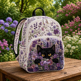 Individueller gesteppten Rucksack mit schwarzer Katze und lila Lavendel-Muster - TN22