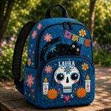 Personalisierter blauer Zuckerschädel-Quilt-Rucksack mit floralem Design TN62