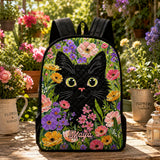 Schwarzer Katzen-Rucksack mit floralem Steppmuster und schwarzem Riemen - Modell TN01