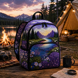 Polsternder Rucksack mit lila Wildblumen- und Bergmotiv - LV05